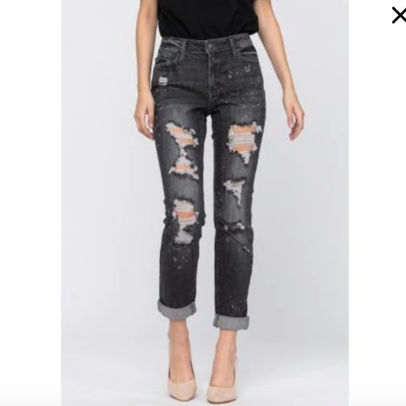 Judy Blue Black Boyfriend Jeans Bleach Spatter Mid Rise 8867 - Picture 4 of 10